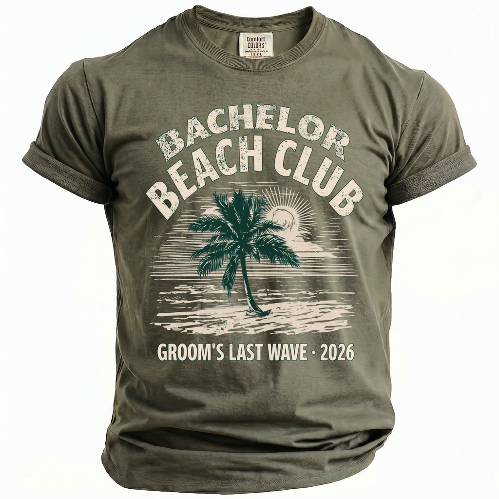 Olive green t-shirt with "Bachelor Beach Club Groom's Last Wave 2026" text and palm tree graphic.