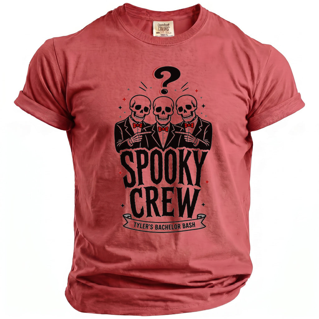Red t-shirt with skeletons and "Spooky Crew Tyler's Bachelor Bash" text.