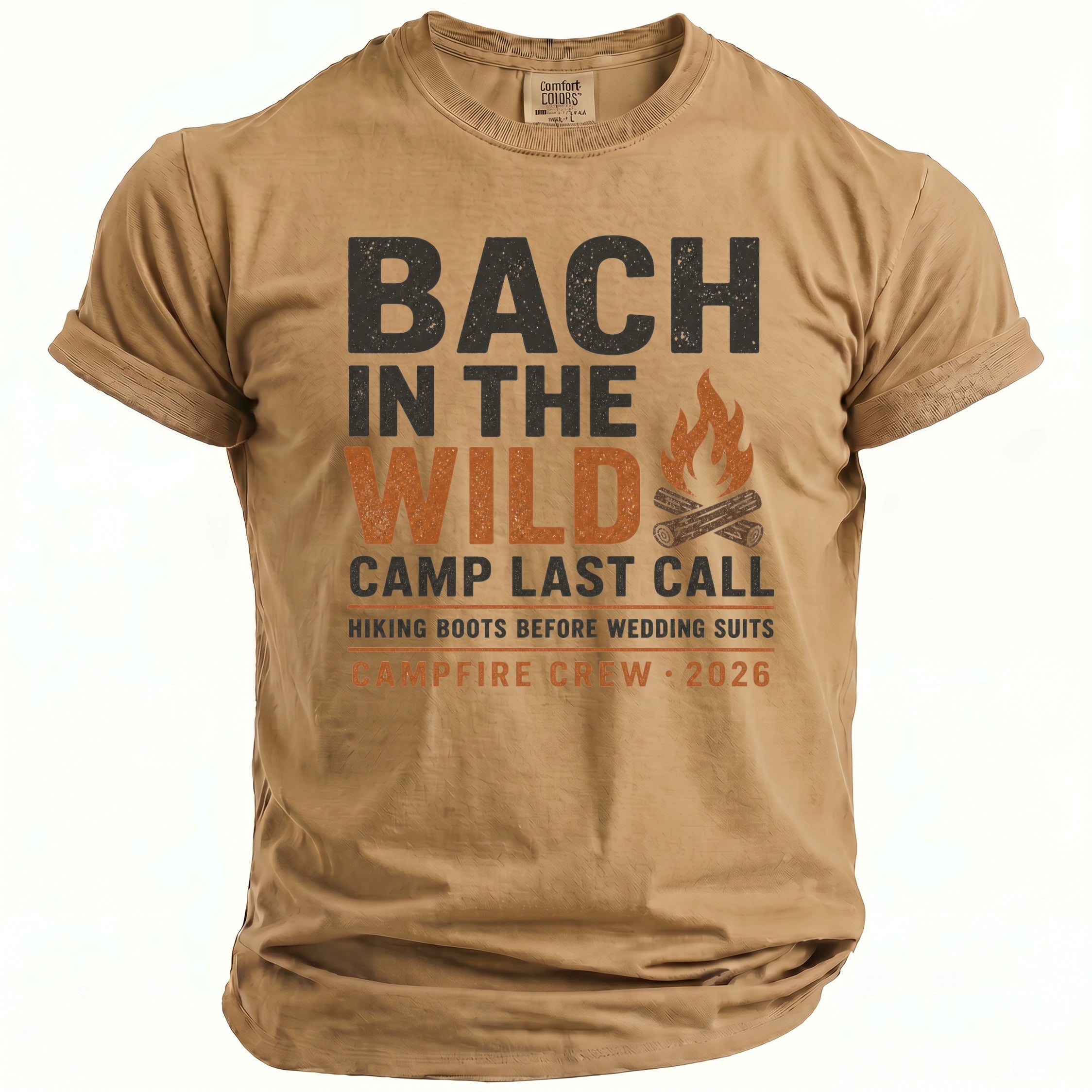 Tan t-shirt with "BACH IN THE WILD" text and campfire graphic.