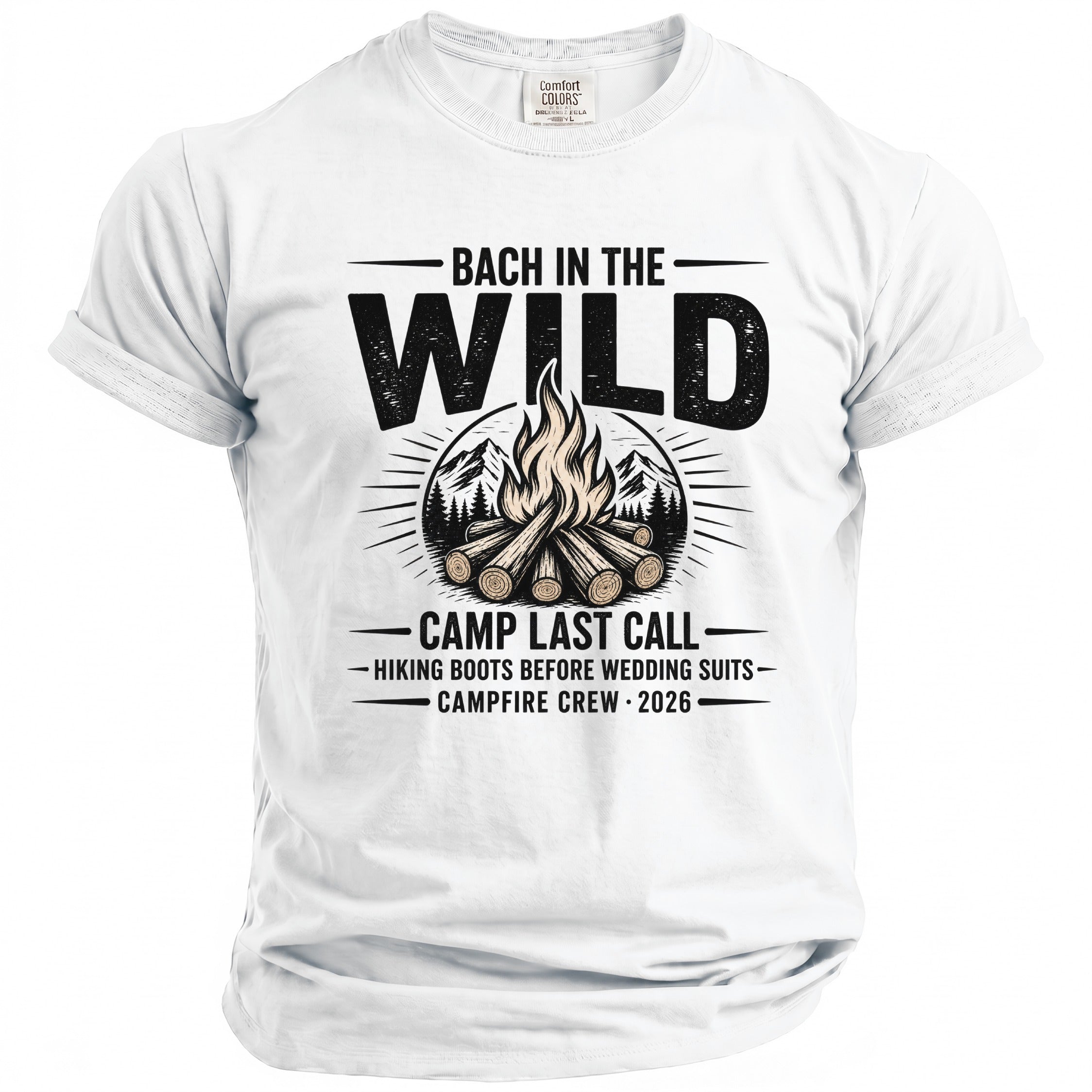 White t-shirt with "Bach in the Wild" campfire graphic and "Camp Last Call" text.