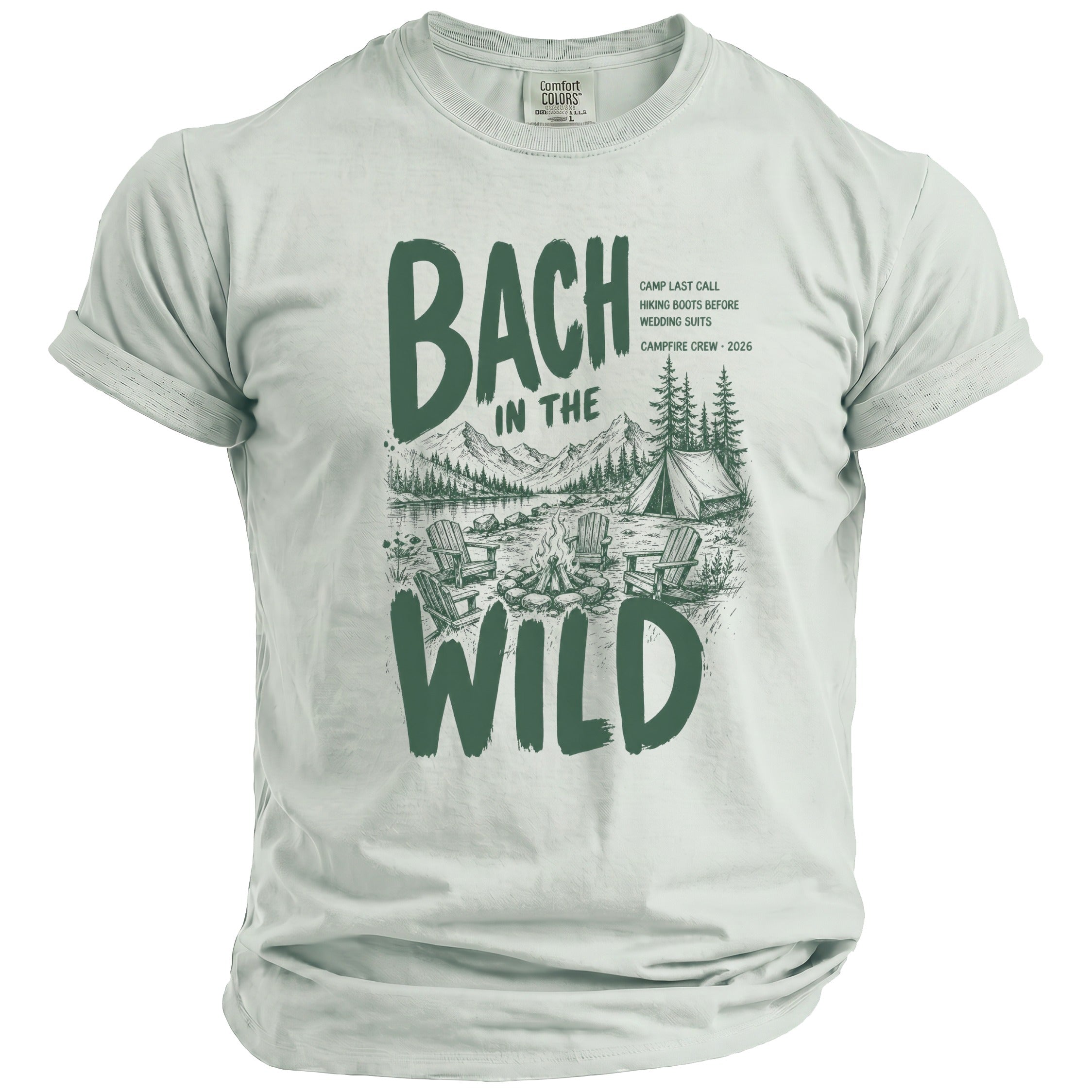 Bach in the Wild camping graphic with campfire, tent, and text.