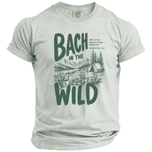 Bach in the Wild camping graphic with campfire, tent, and text.