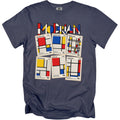 T-shirt with Mondrian-style compositions on stamps and "MOERAN" text.