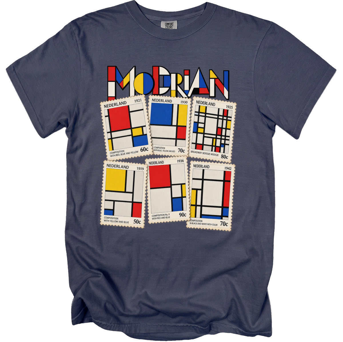 T-shirt with Mondrian-style compositions on stamps and "MOERAN" text.