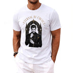 White t-shirt with black vampire art and gold text "ETERNAL BY CHOICE".