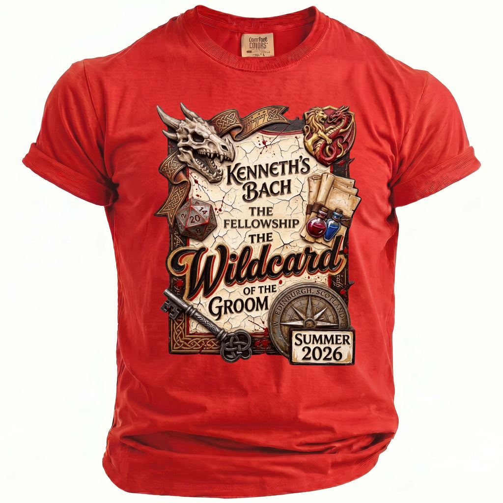 Red t-shirt with "Kenneth's Bach The Fellowship The Wildcard of the Groom Summer 2026" design.