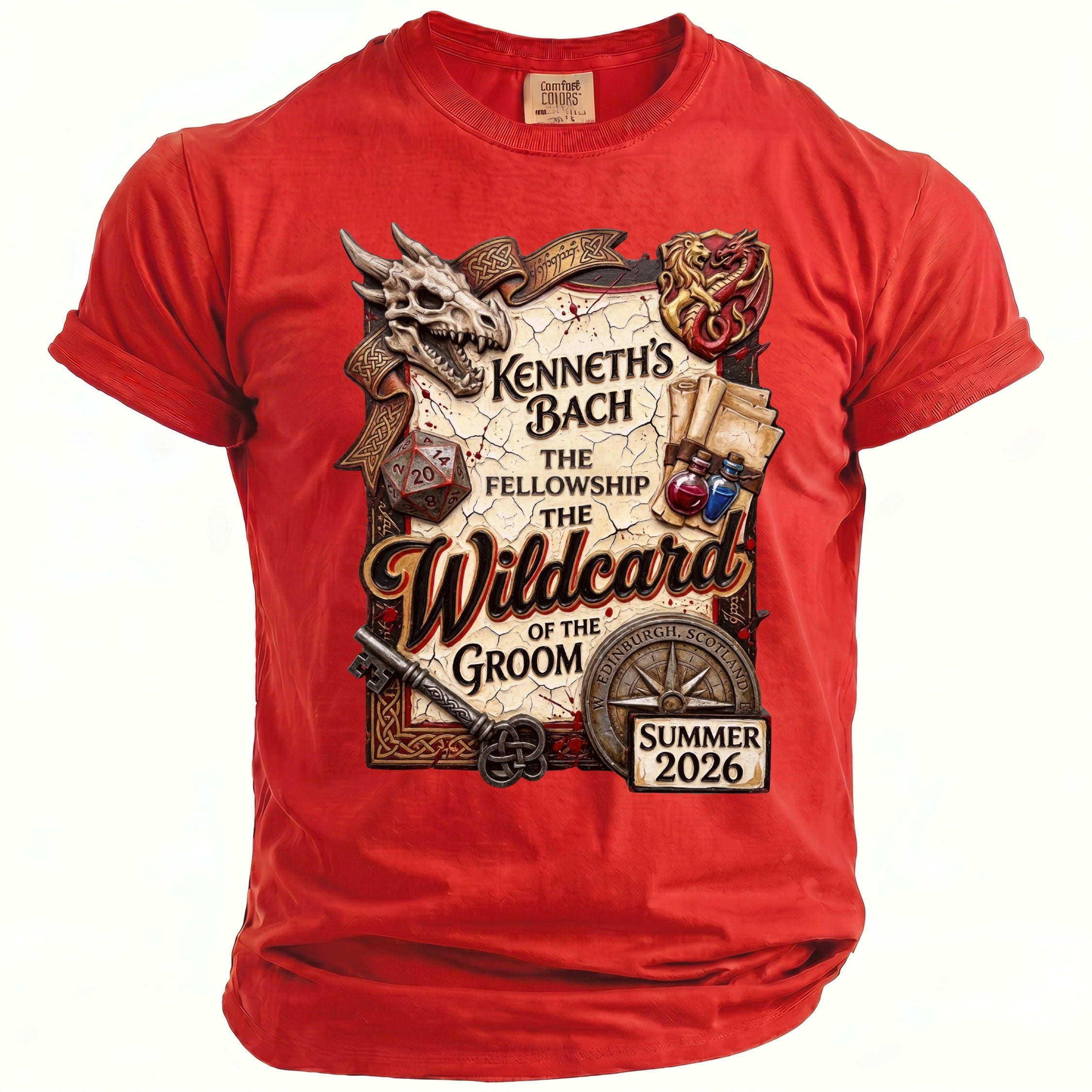 Red t-shirt with "Kenneth's Bach The Fellowship The Wildcard of the Groom Summer 2026" design.