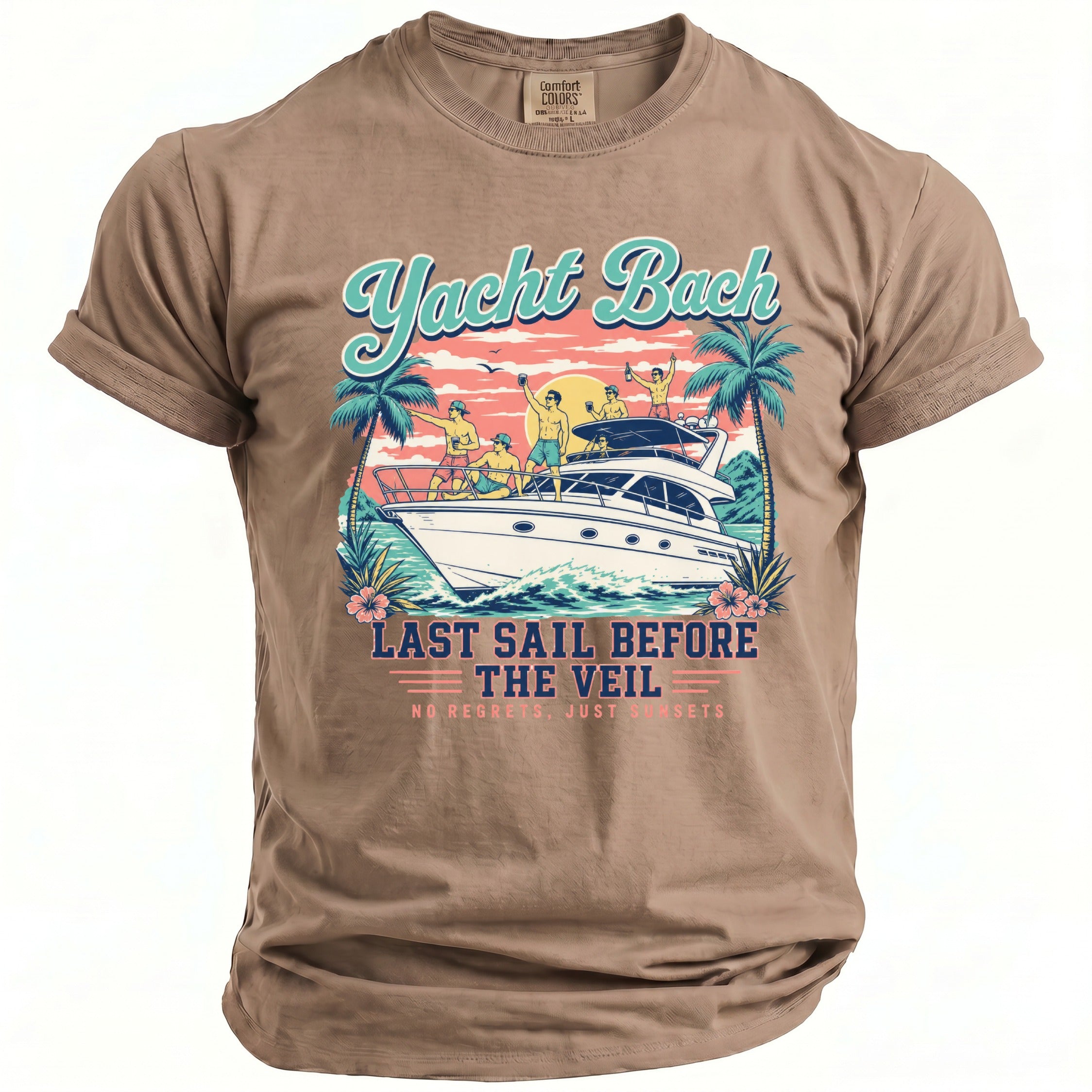 Brown crewneck t-shirt featuring a colorful retro graphic of men on a yacht with the text Yacht Bach Last Sail Before The Veil.