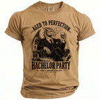 T-shirt with dragon in suit, drinking whiskey, reading "Aged to Perfection Bachelor Party"