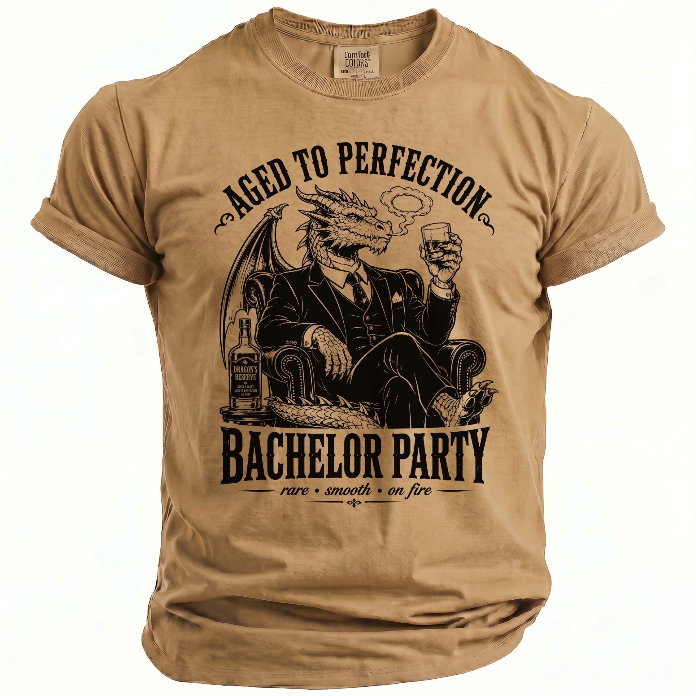 T-shirt with dragon in suit, drinking whiskey, reading "Aged to Perfection Bachelor Party"