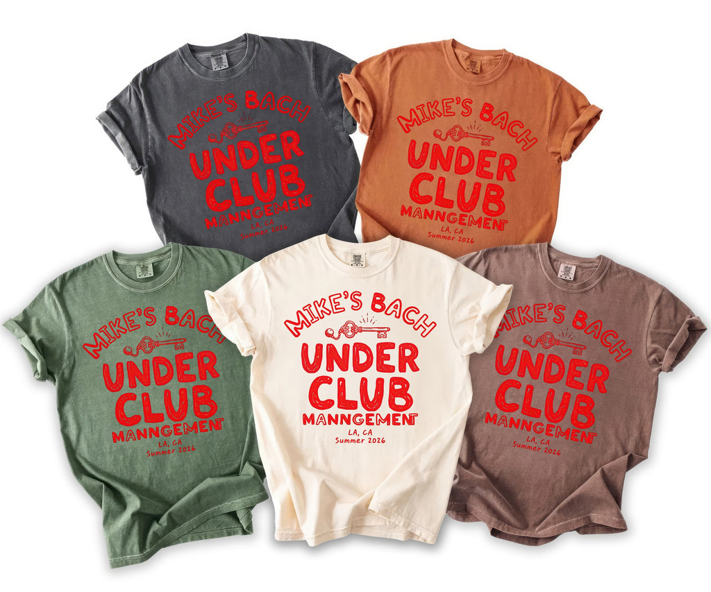 Assorted t-shirts with "Mike's Bach Under Club" and "Management LA, CA Summer 2026" in red.