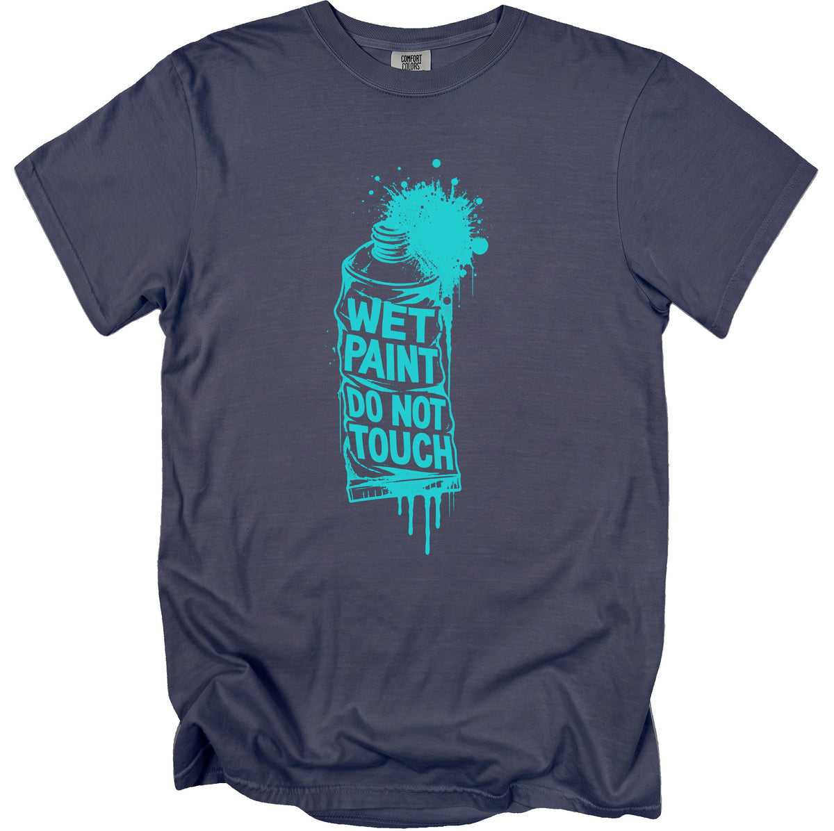 Dark grey t-shirt with a turquoise paint tube graphic that says "WET PAINT DO NOT TOUCH".