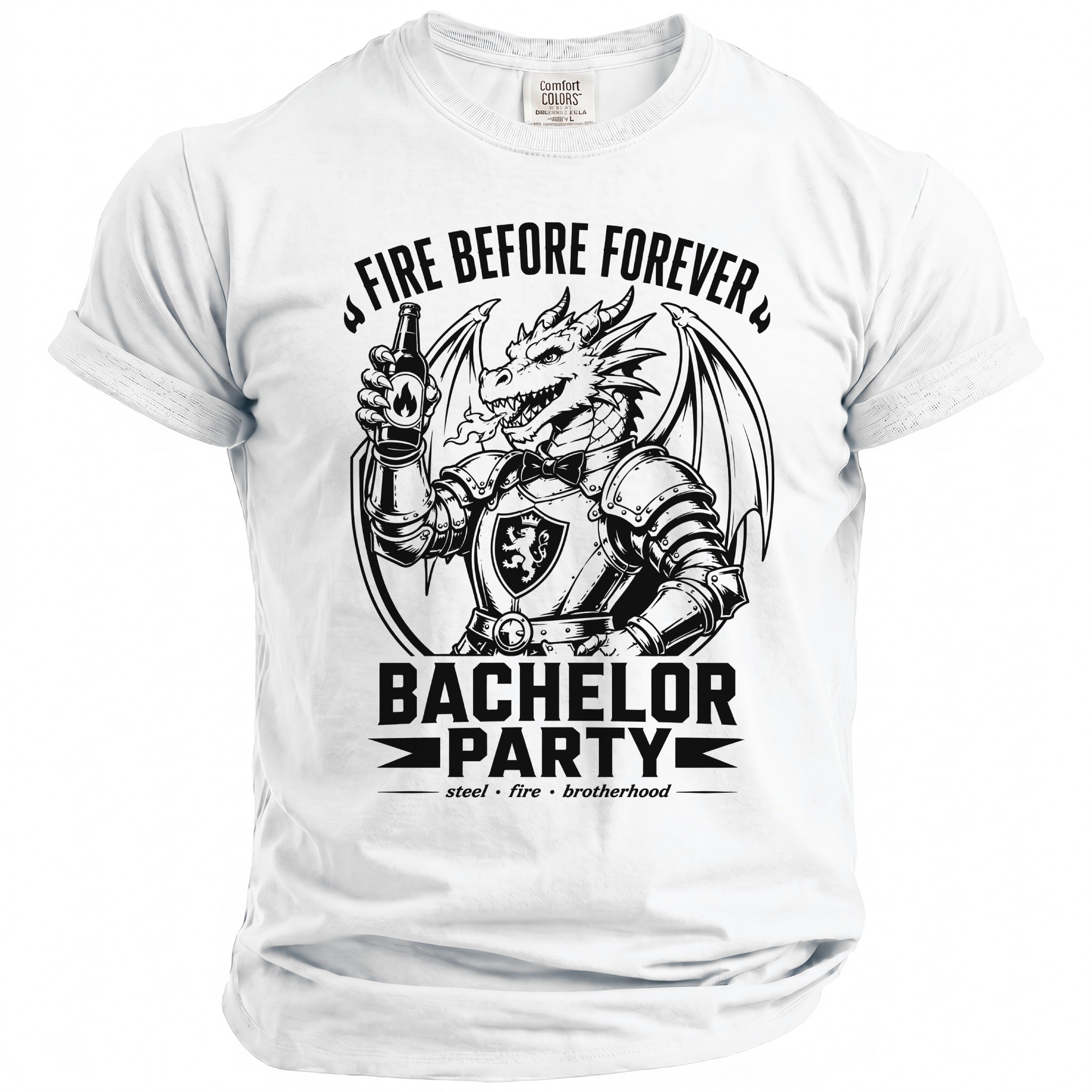 White t-shirt with dragon graphic and text "Fire Before Forever Bachelor Party".