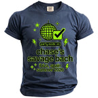 T-shirt with pixelated disco ball, lightning bolts, and text "party mode: on chase's savage bach ibiza, spain summer 2026".