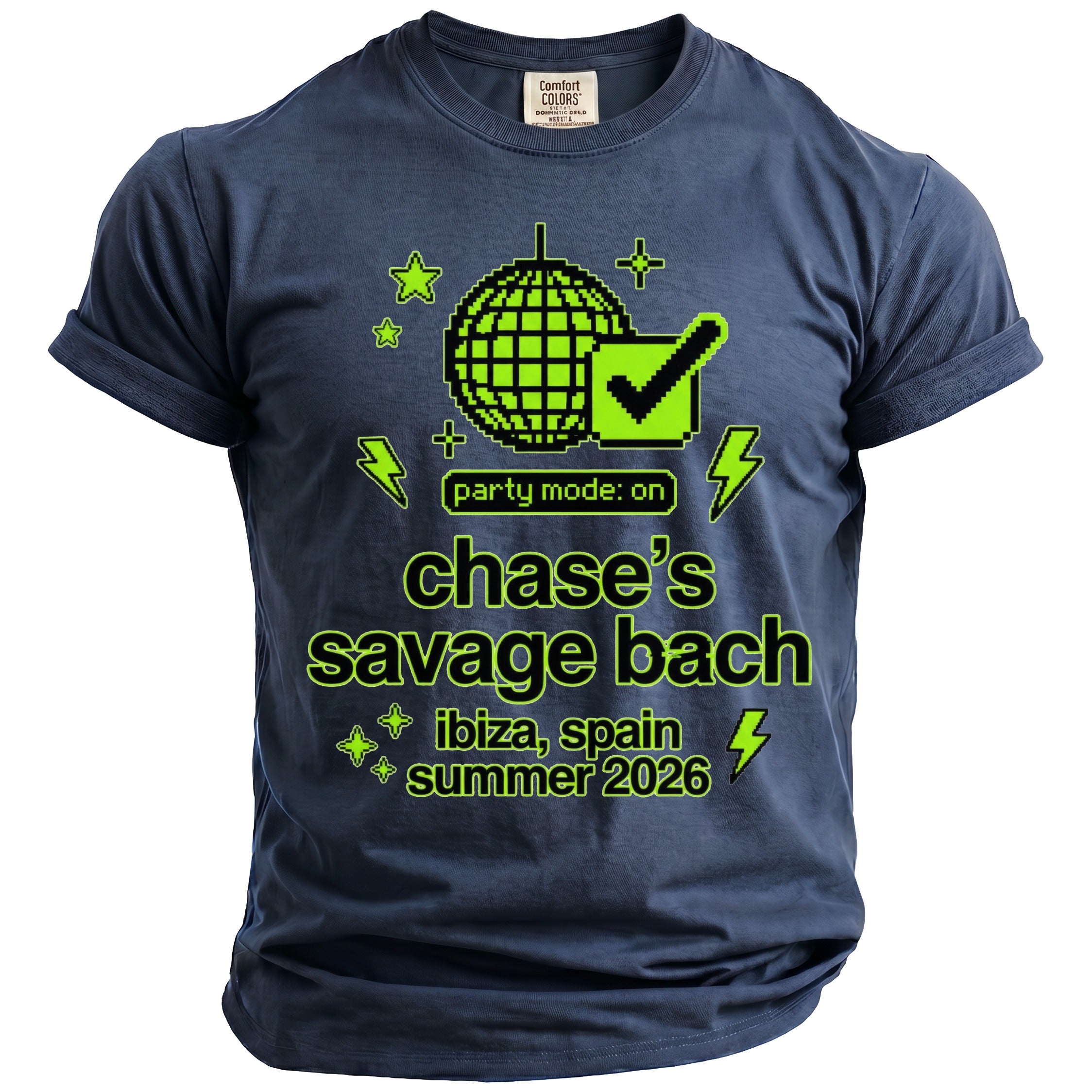 T-shirt with pixelated disco ball, lightning bolts, and text "party mode: on chase's savage bach ibiza, spain summer 2026".