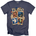 T-shirt with Picasso artwork featuring stamps of his portraits, a dove, and text.