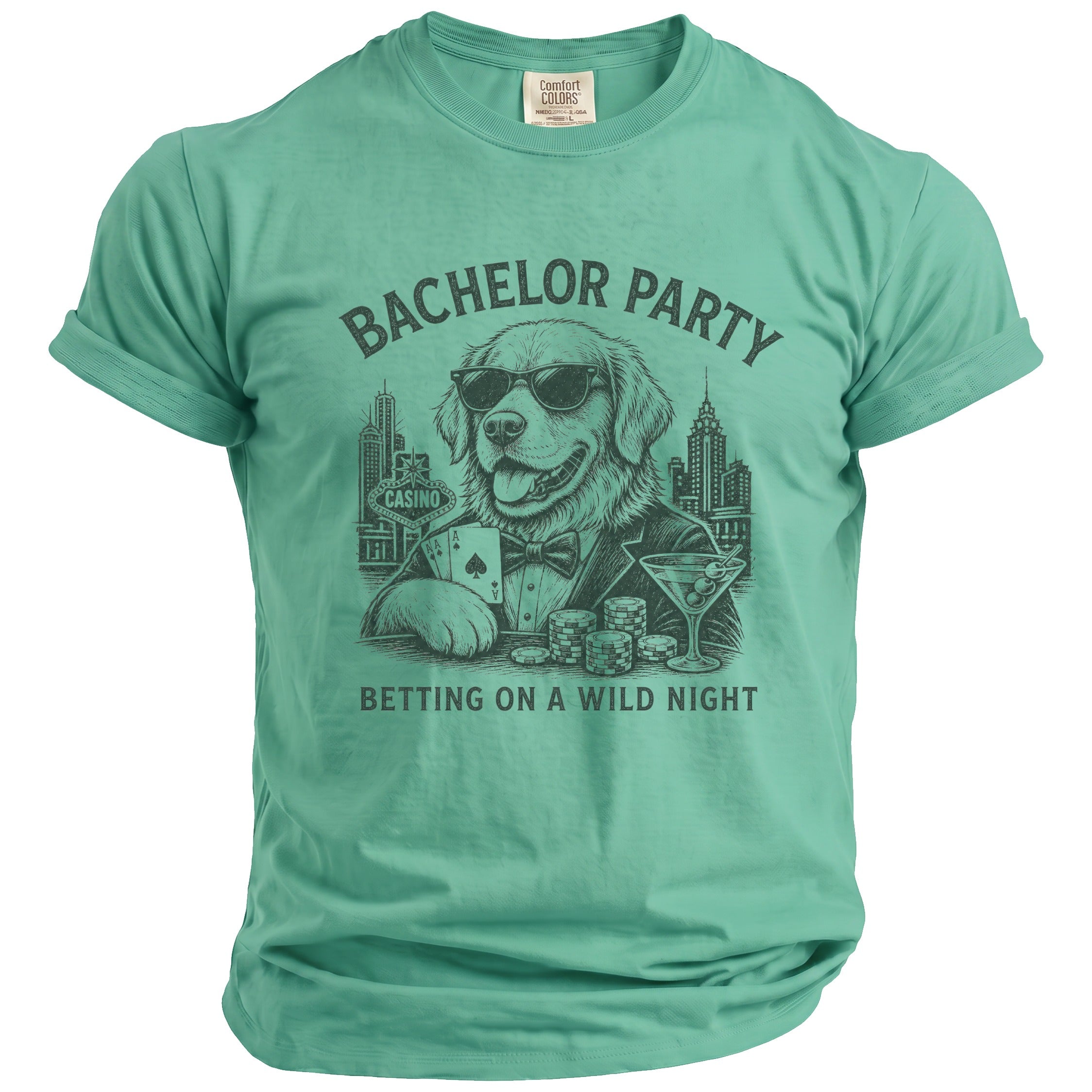 T-shirt with a graphic of a dog at a casino table, reading "Bachelor Party" and "Betting on a Wild Night".