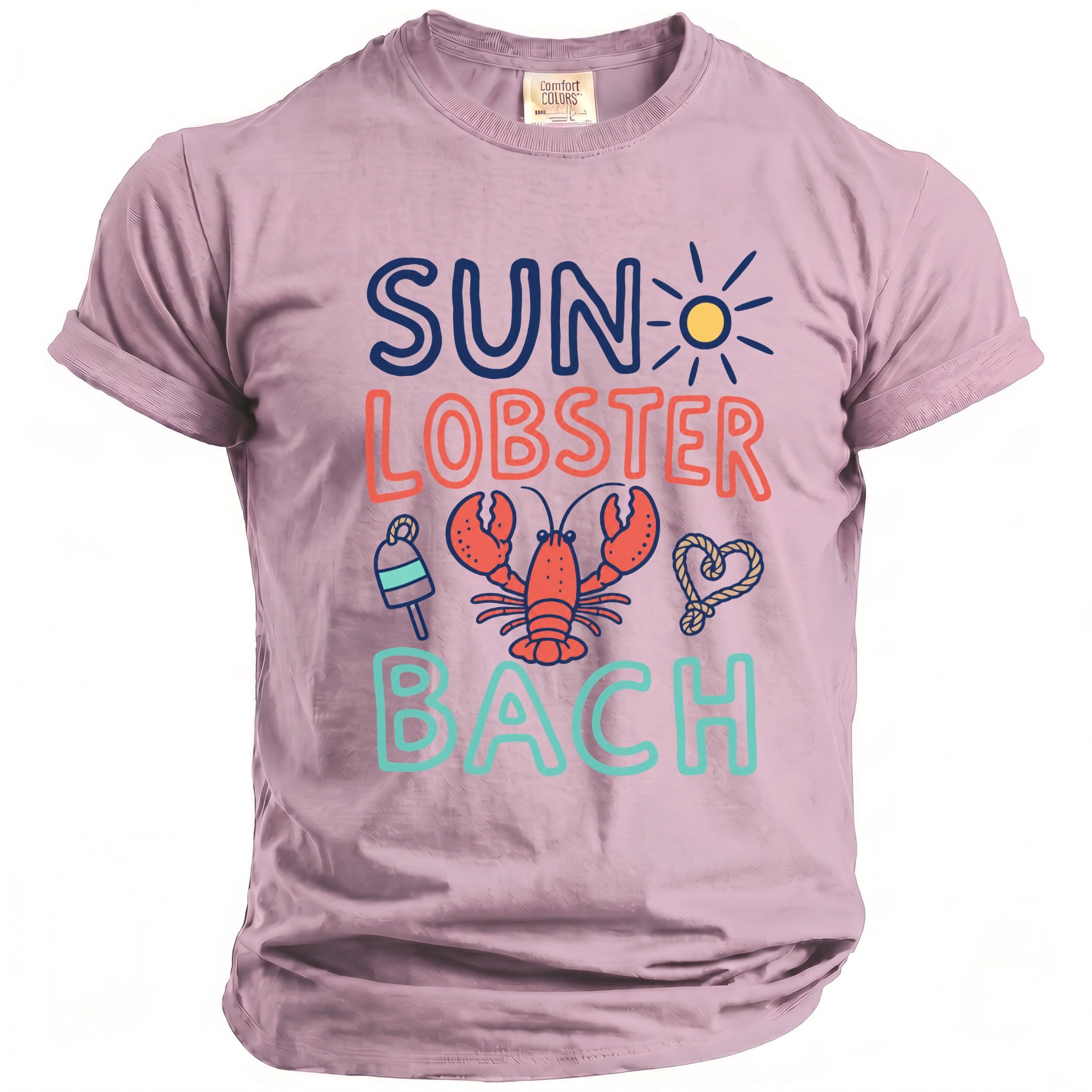 Pink Comfort Colors t-shirt with "Sun Lobster Bach" text and graphics.