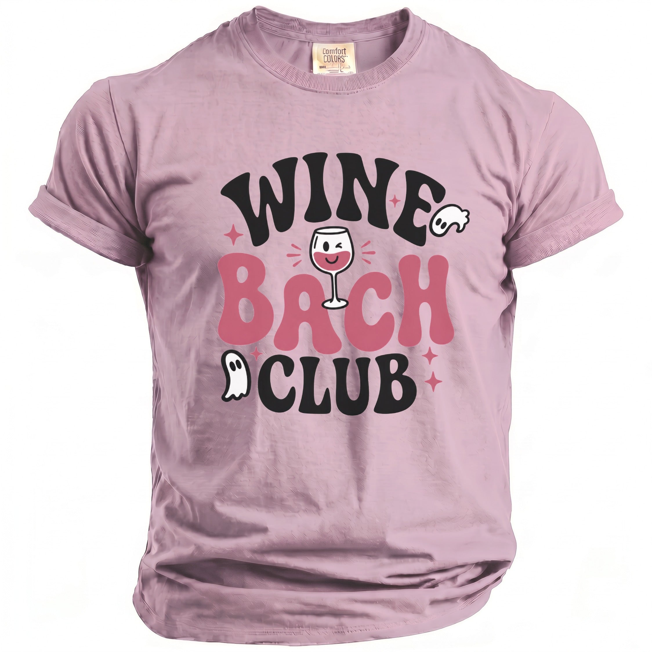 Purple t-shirt with "Wine Bach Club" text, wine glass, and ghost graphics.