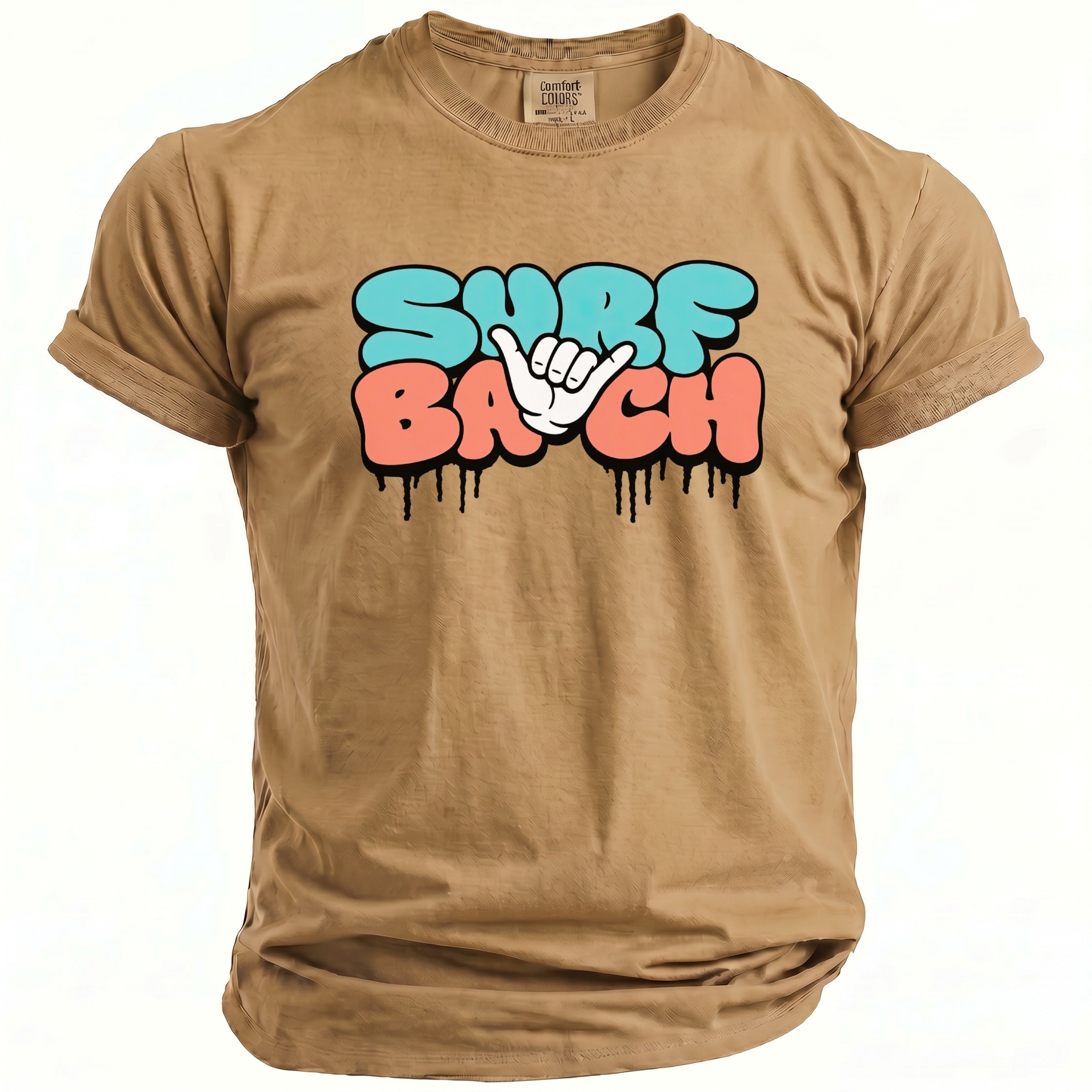 Tan t-shirt with "SURF BACH" text and shaka hand symbol graphic.