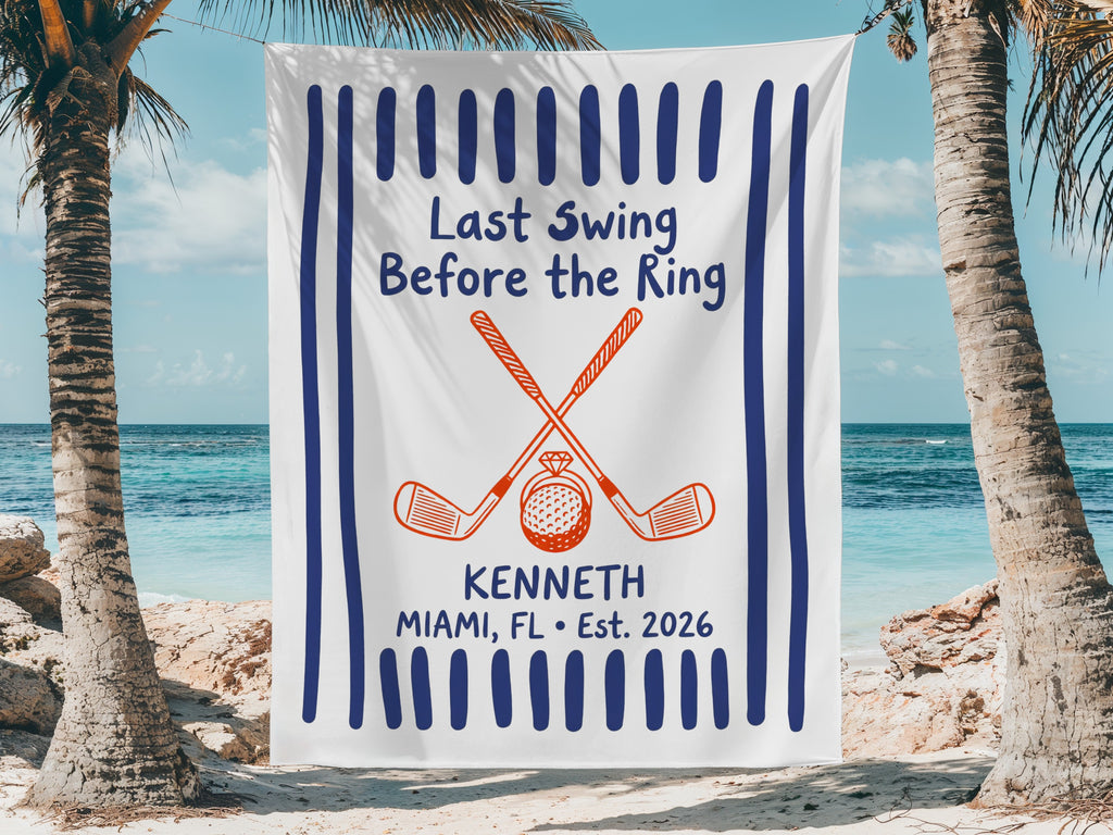 Towel with "Last Swing Before the Ring" and "Kenneth Miami, FL • Est. 2026" text.