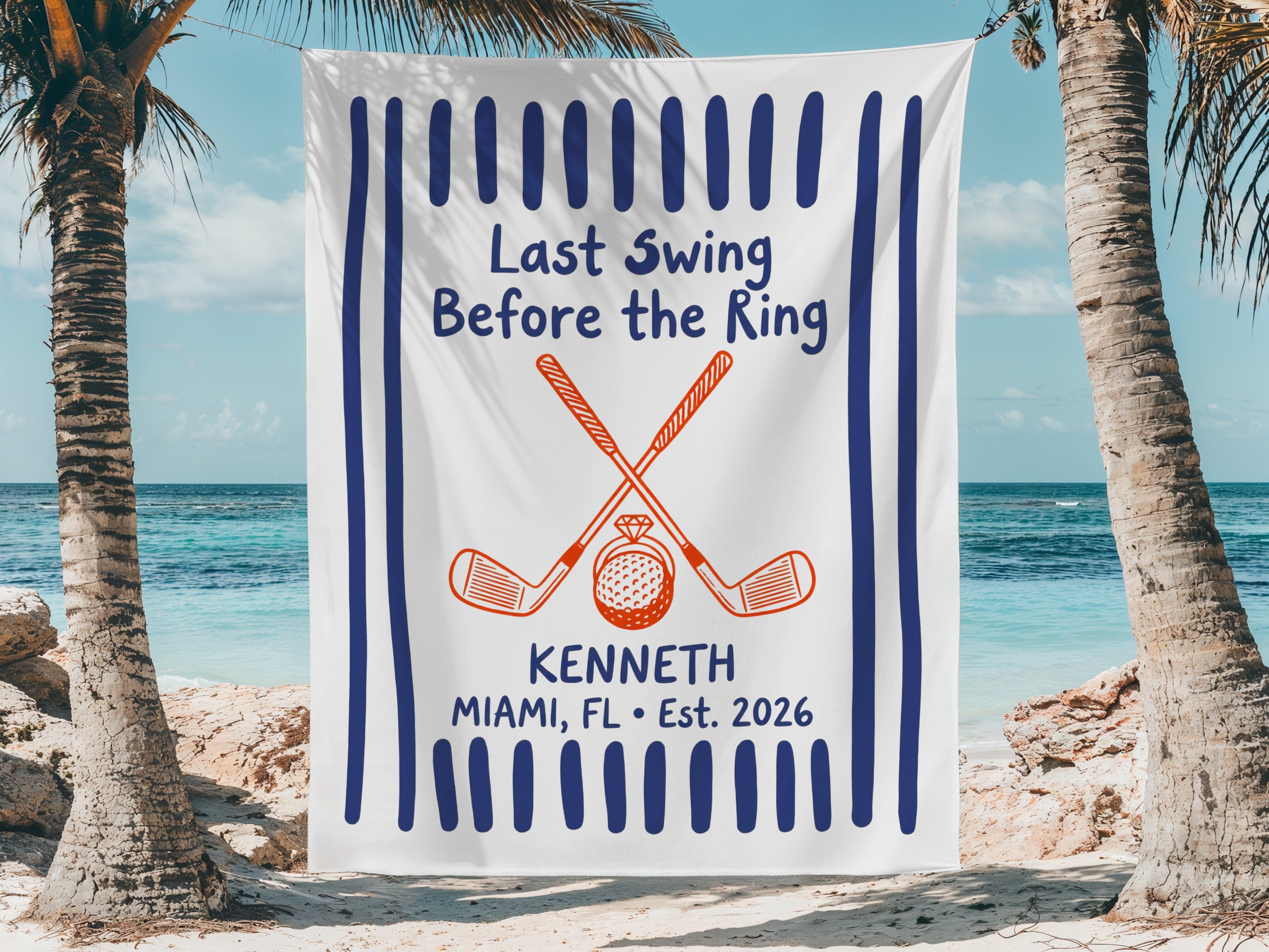 Towel with "Last Swing Before the Ring" and "Kenneth Miami, FL • Est. 2026" text.