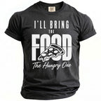 Charcoal t-shirt with "I'LL BRING THE FOOD The Hungry One" and pizza graphic.