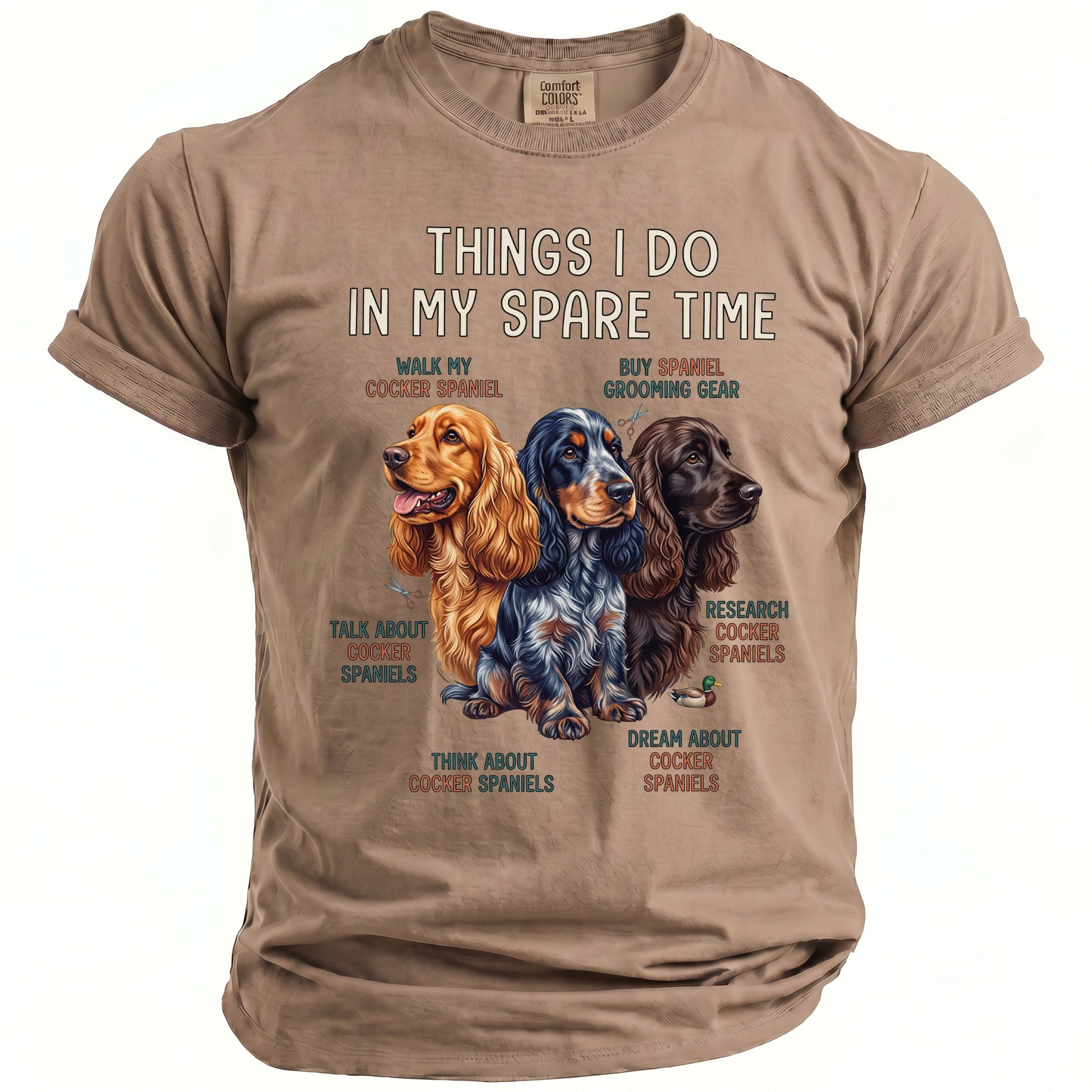 T-shirt with text "Things I Do In My Spare Time" and three Cocker Spaniels.