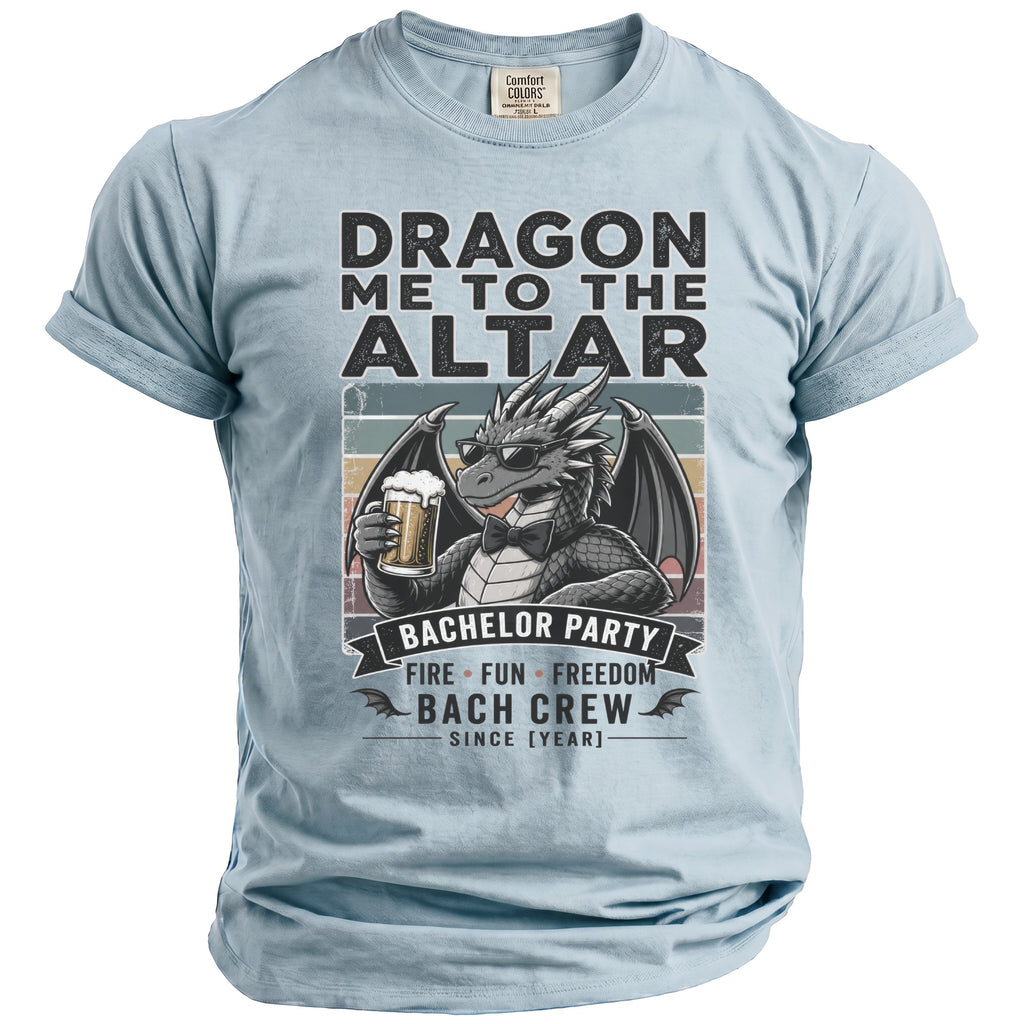 Light blue t-shirt featuring a dragon with sunglasses holding beer, "Dragon Me To The Altar" text.