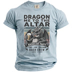 Light blue t-shirt featuring a dragon with sunglasses holding beer, "Dragon Me To The Altar" text.