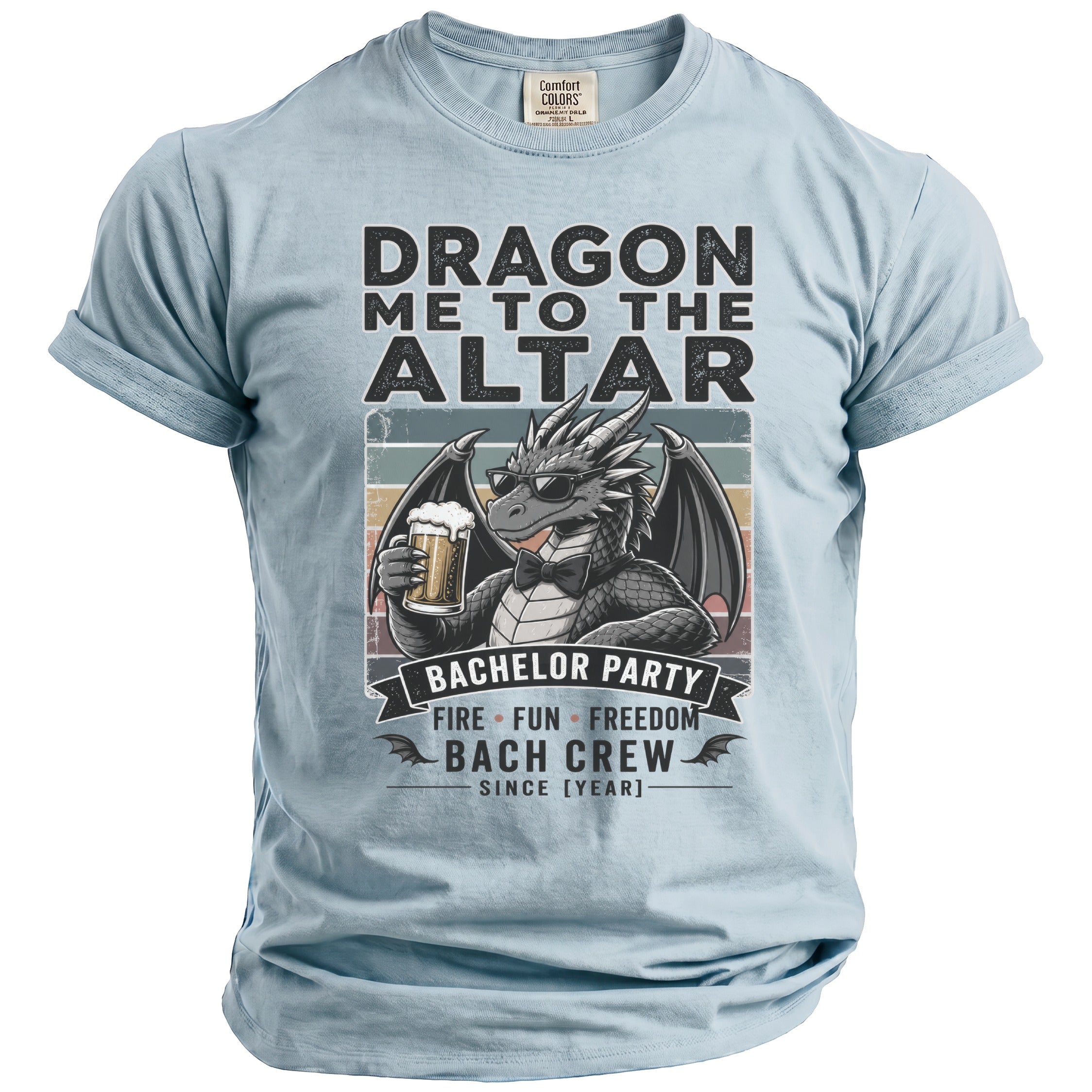 Light blue t-shirt featuring a dragon with sunglasses holding beer, "Dragon Me To The Altar" text.