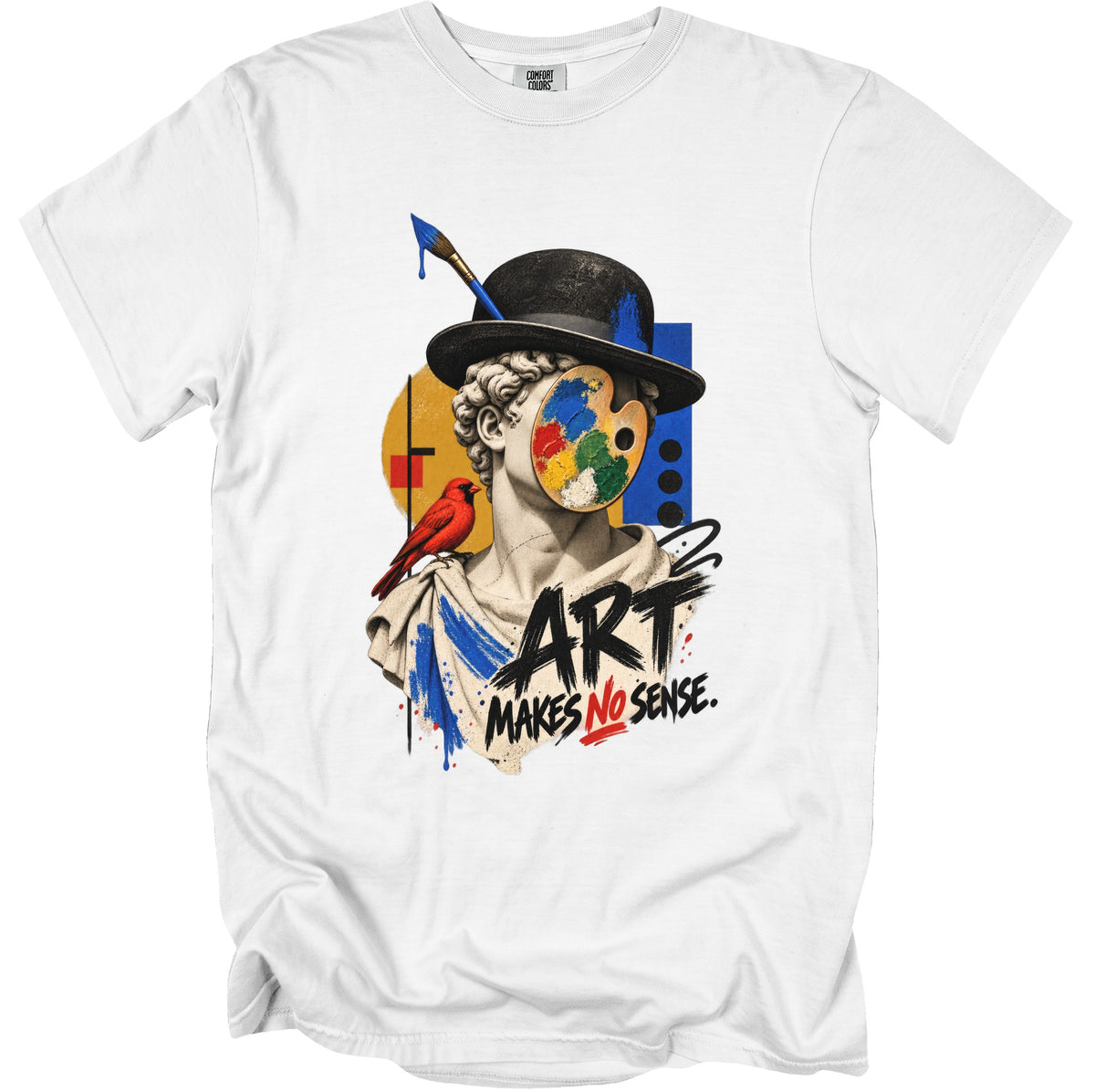 White t-shirt featuring a bust with a paint palette on its face and "ART MAKES NO SENSE" text.
