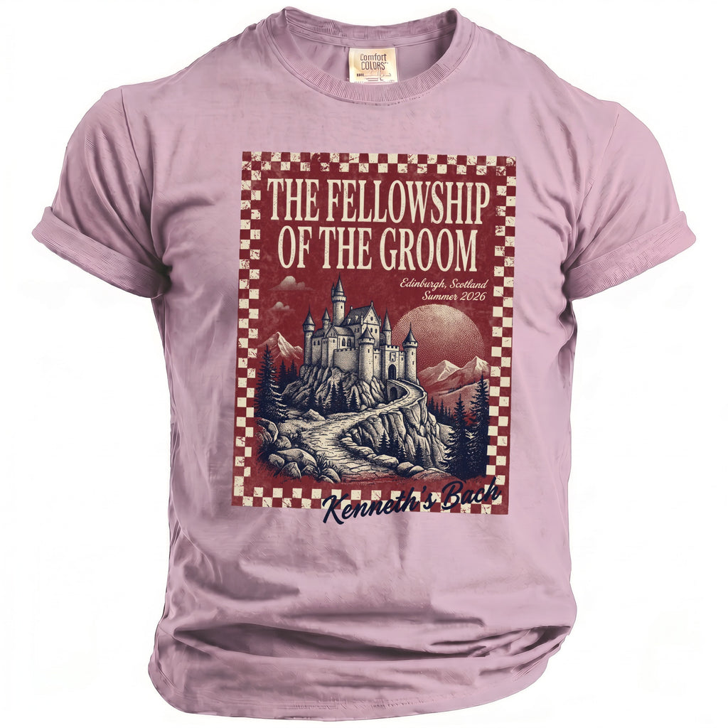 Lilac t-shirt with "The Fellowship Of The Groom" text and castle graphic.