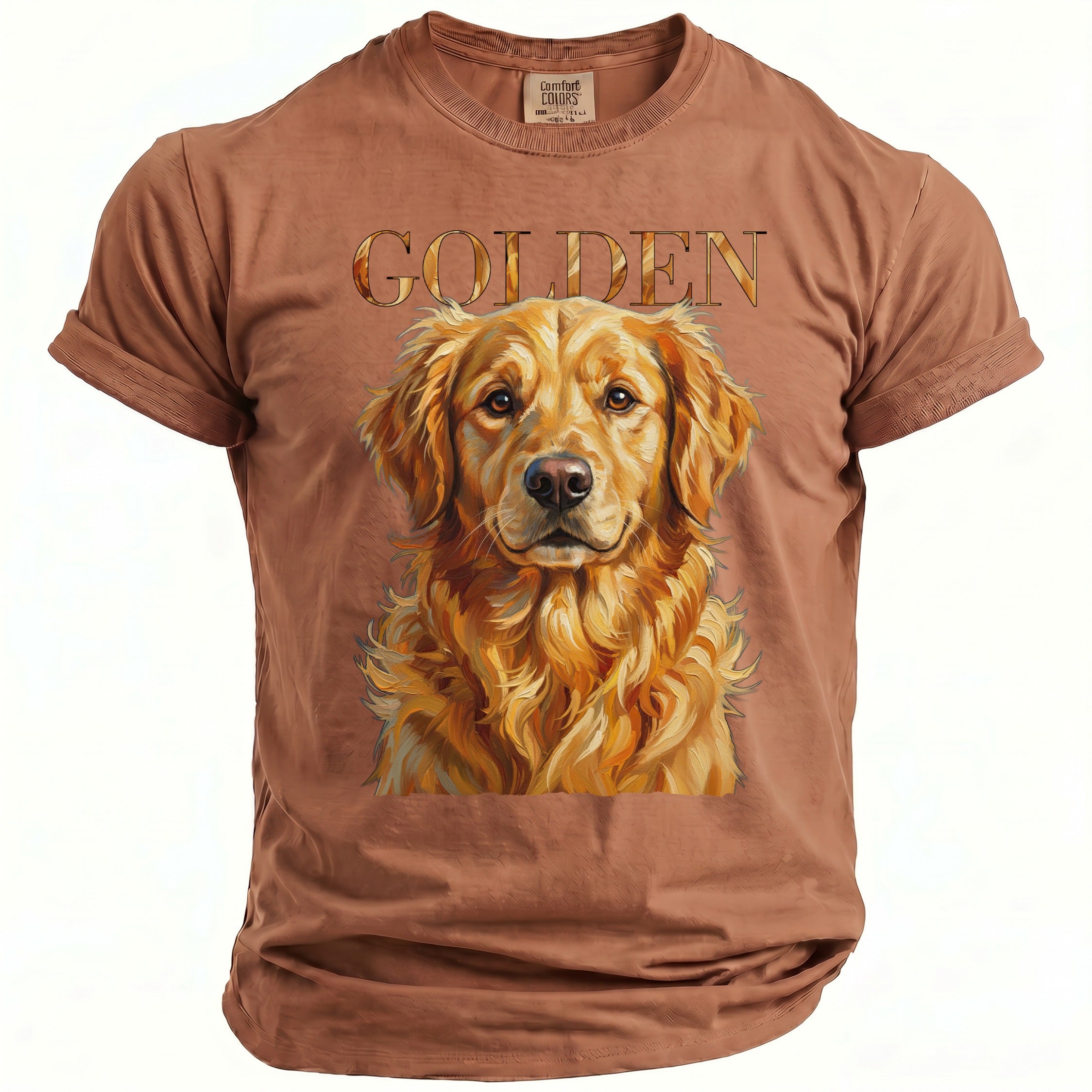 Brown t-shirt with a golden retriever portrait and the word "GOLDEN".