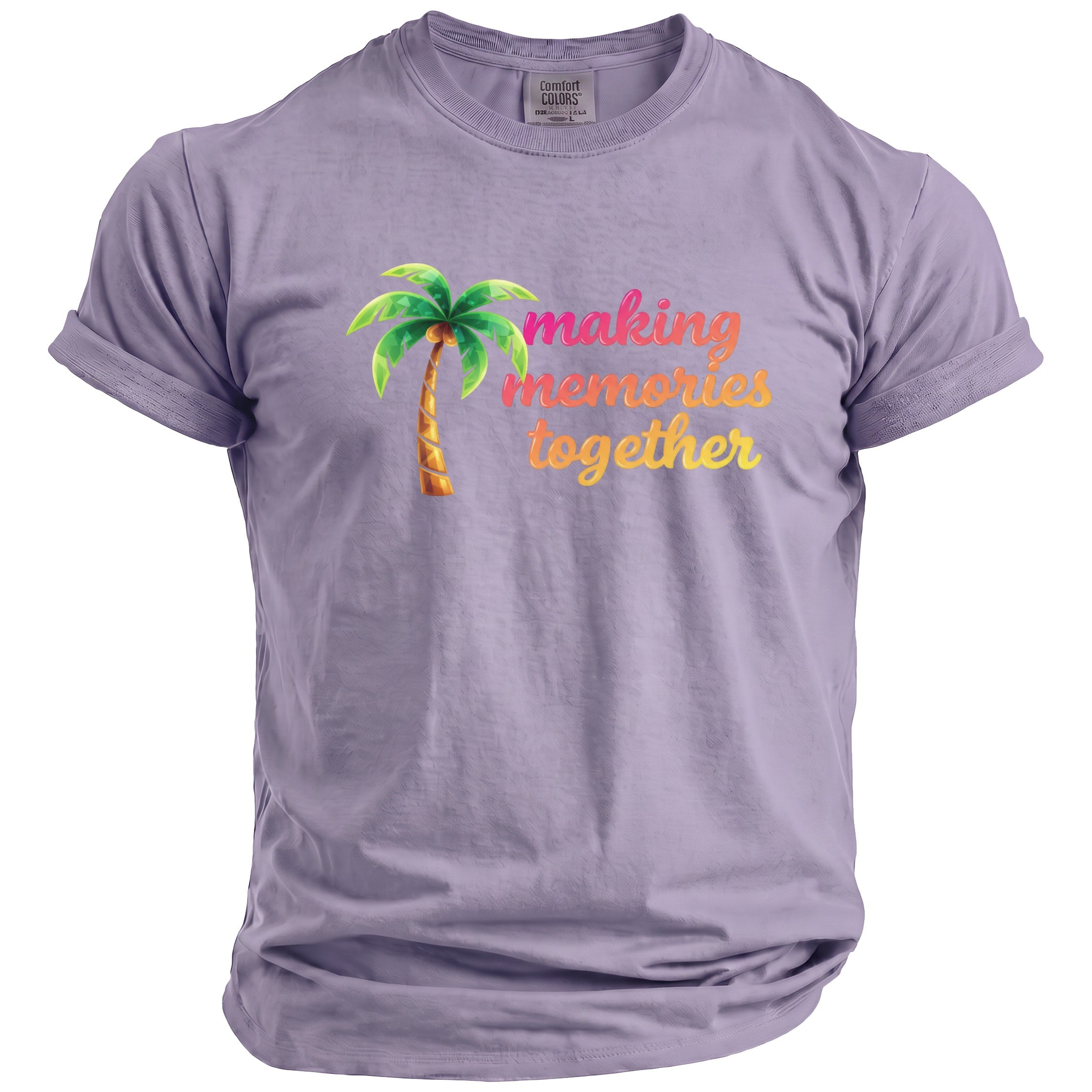 Lavender Comfort Colors t-shirt with palm tree and "making memories together" text.