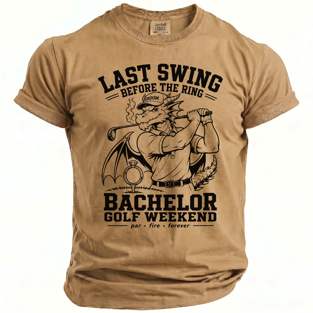 Tan t-shirt with "Last Swing Before the Ring Bachelor Golf Weekend" graphic.