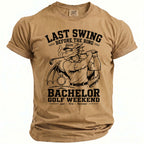 Tan t-shirt with "Last Swing Before the Ring Bachelor Golf Weekend" graphic.
