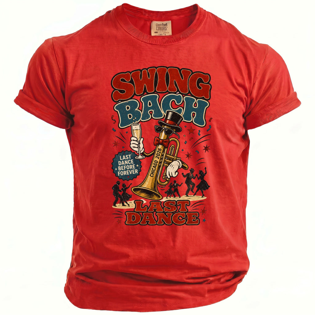 Red t-shirt with "Swing Bach" design featuring a trumpet, champagne, and dancers.