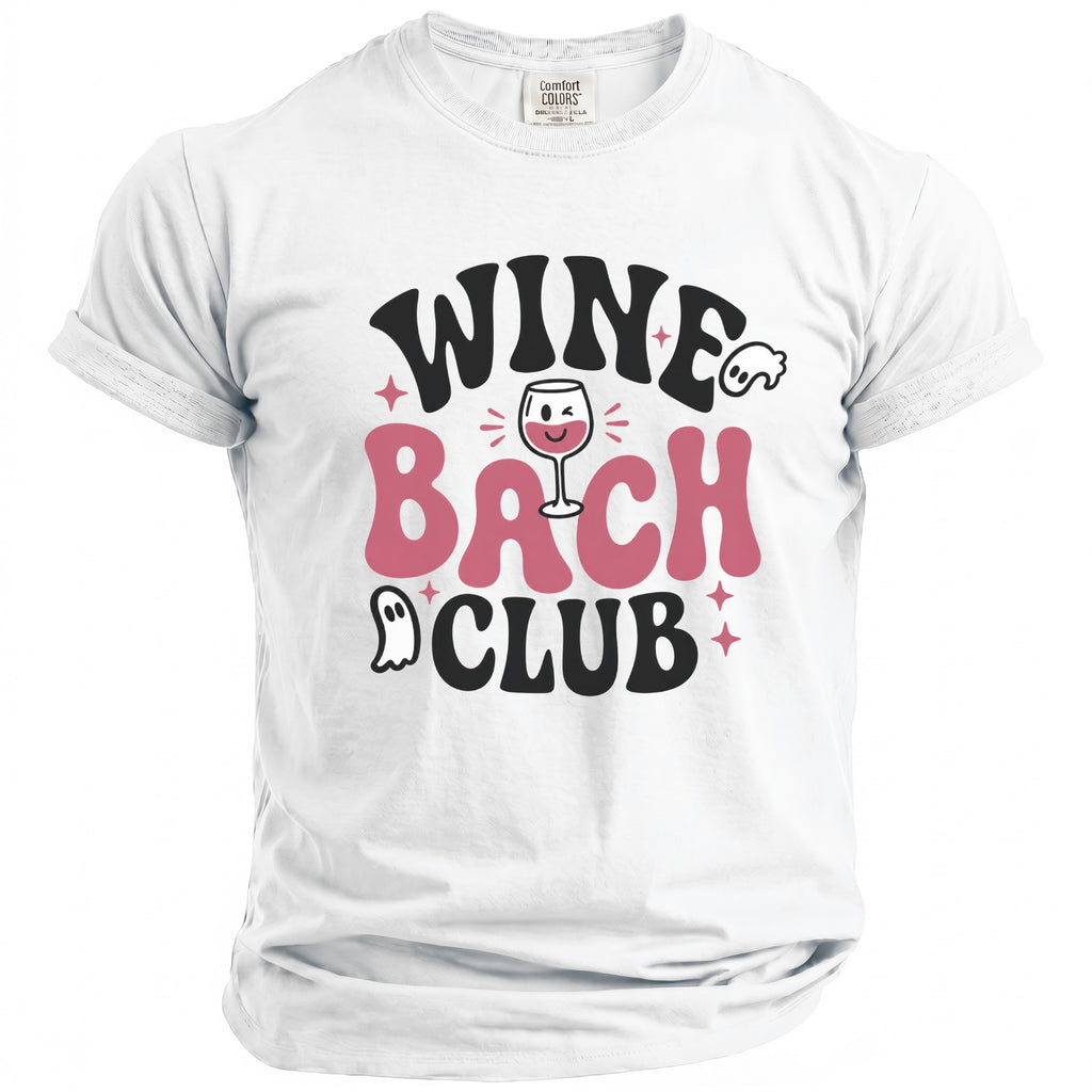 White t-shirt with "Wine Bach Club" text, a wine glass, and ghosts.