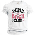 White t-shirt with "Wine Bach Club" text, a wine glass, and ghosts.