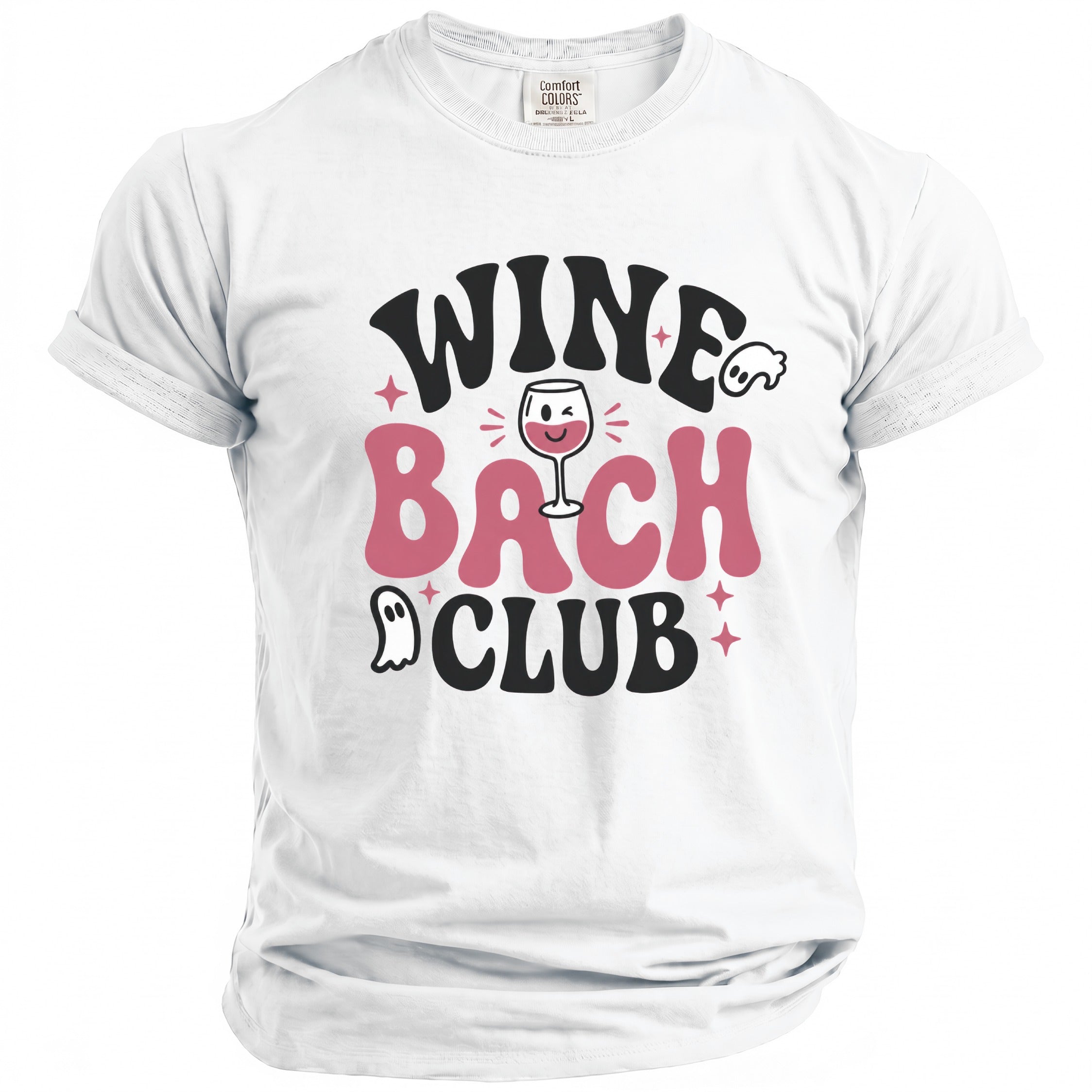 White t-shirt with "Wine Bach Club" text, a wine glass, and ghosts.