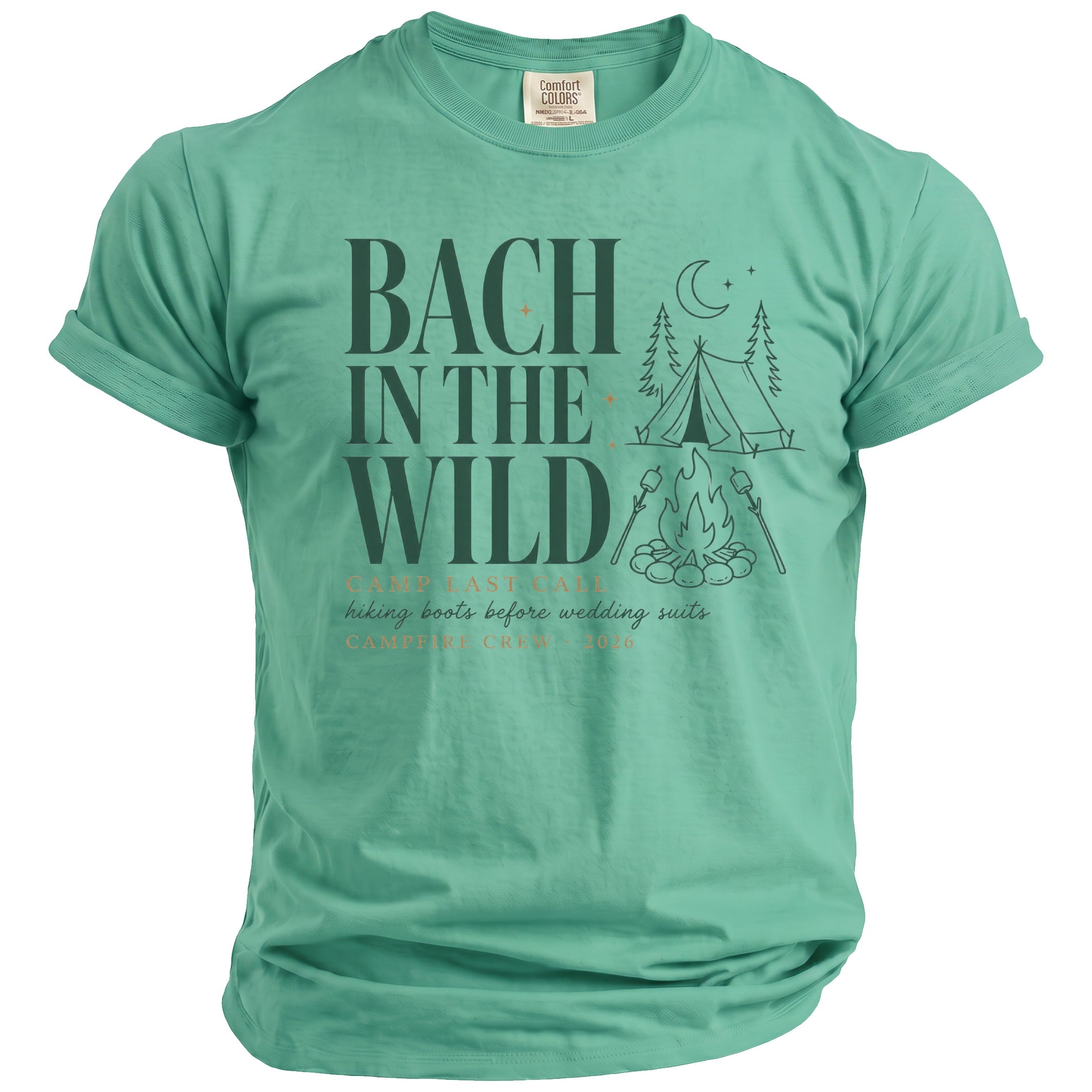 T-shirt with "Bach in the Wild" text, tent, campfire, and trees graphic.