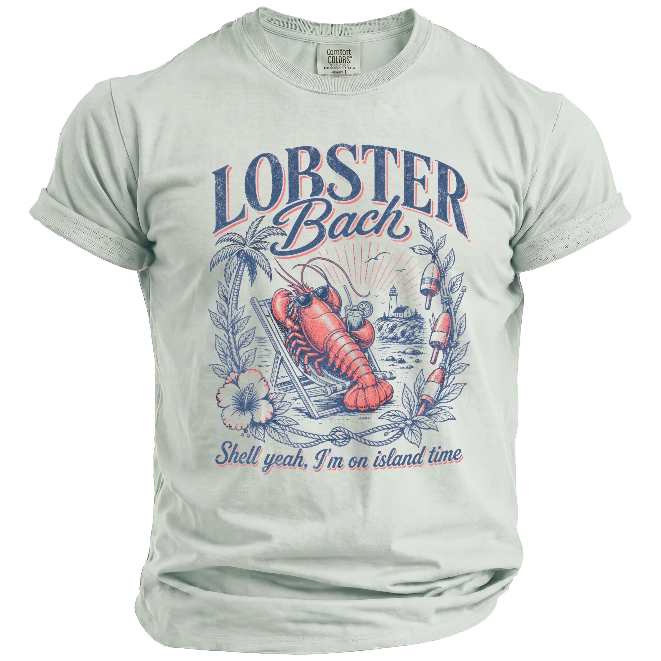 Lobster Back graphic on a light green t-shirt with beach scene and text.