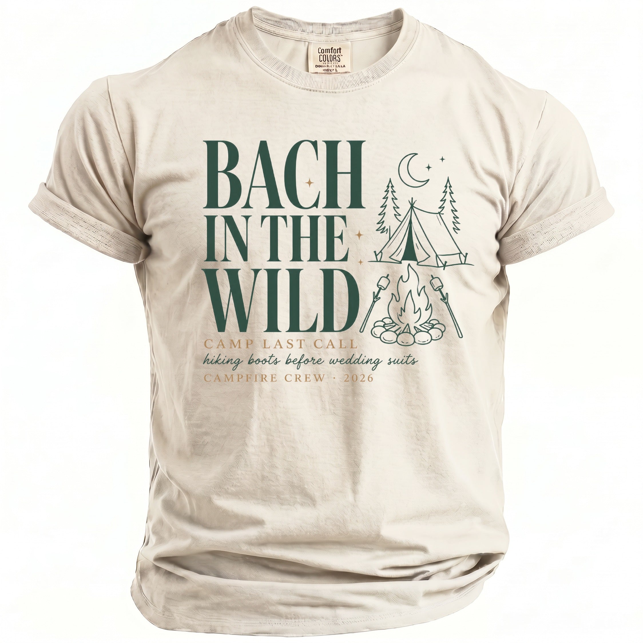 T-shirt with "Bach in the Wild" text, tent, campfire, and marshmallows.