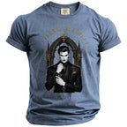 Gothic vampire illustration on a blue Comfort Colors t-shirt with "ETERNAL BY CHOICE" text.