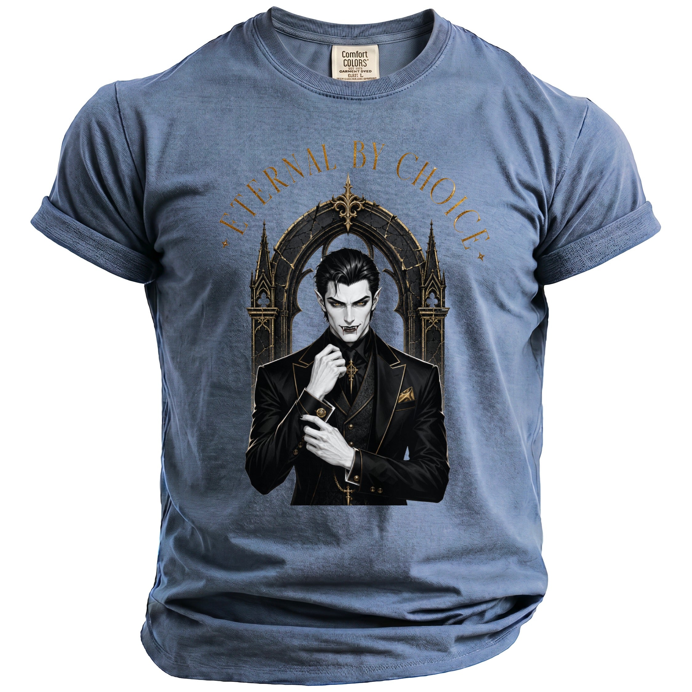 Gothic vampire illustration on a blue Comfort Colors t-shirt with "ETERNAL BY CHOICE" text.