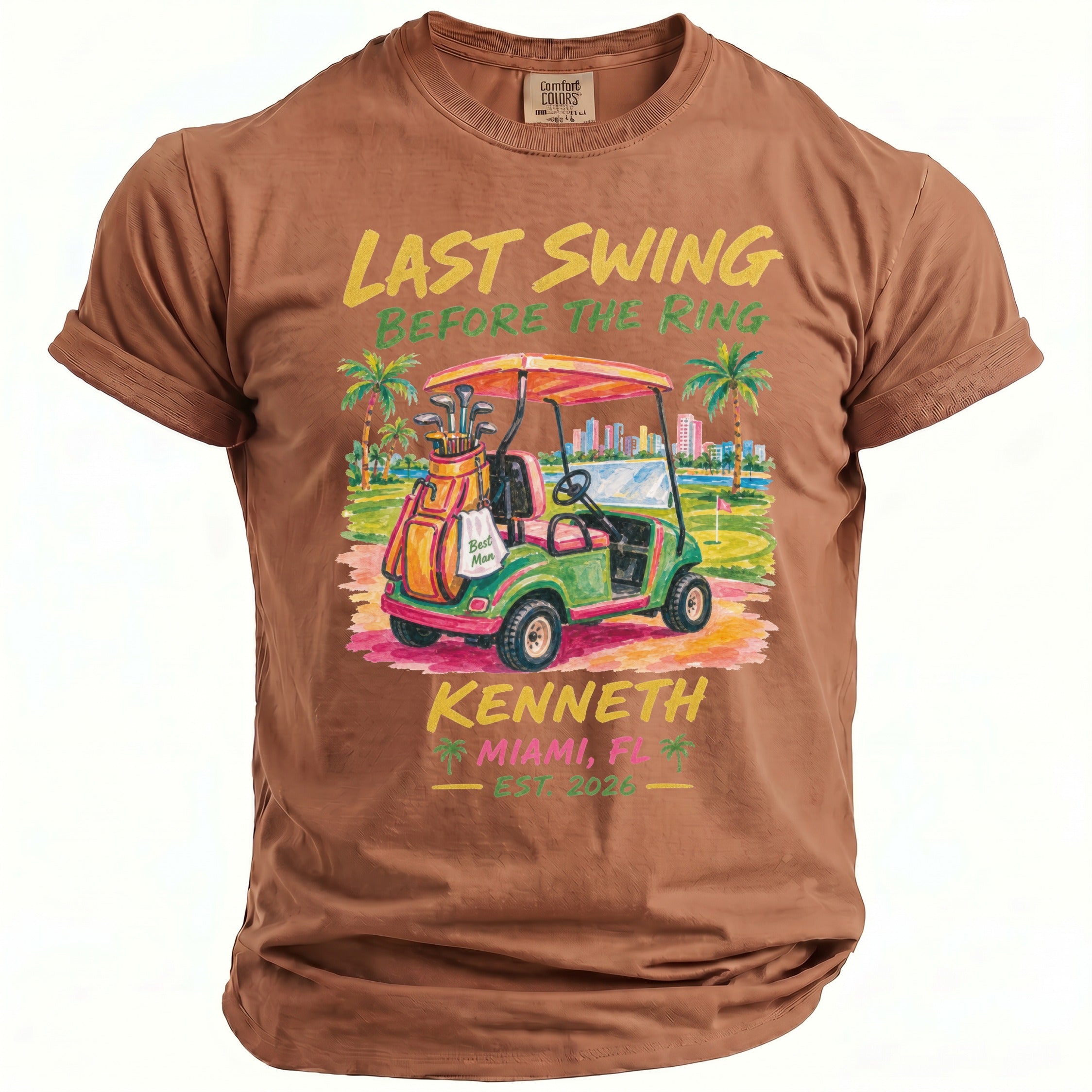 T-shirt with "Last Swing Before the Ring" text and golf cart graphic.