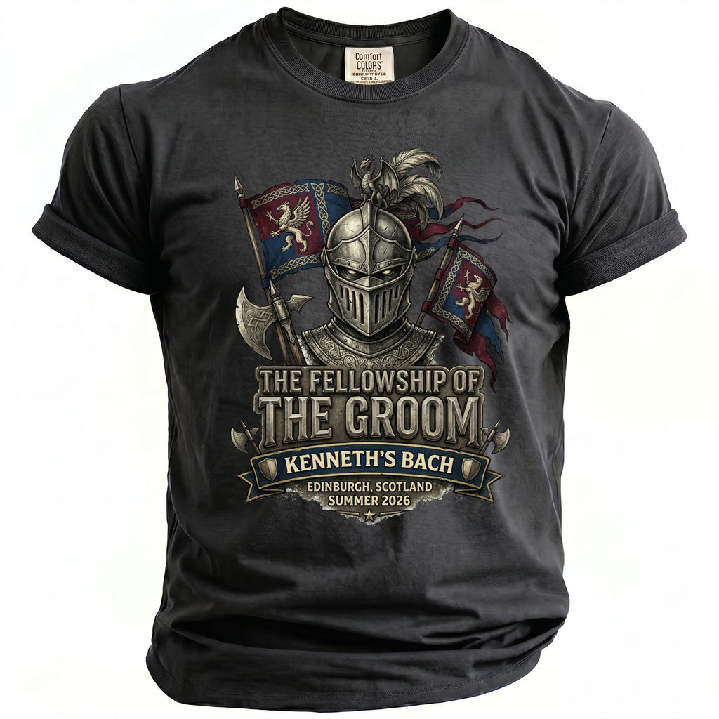 T-shirt graphic: Knight with flags, reads "The Fellowship of The Groom Kenneth's Bach".