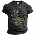 T-shirt graphic: Knight with flags, reads "The Fellowship of The Groom Kenneth's Bach".