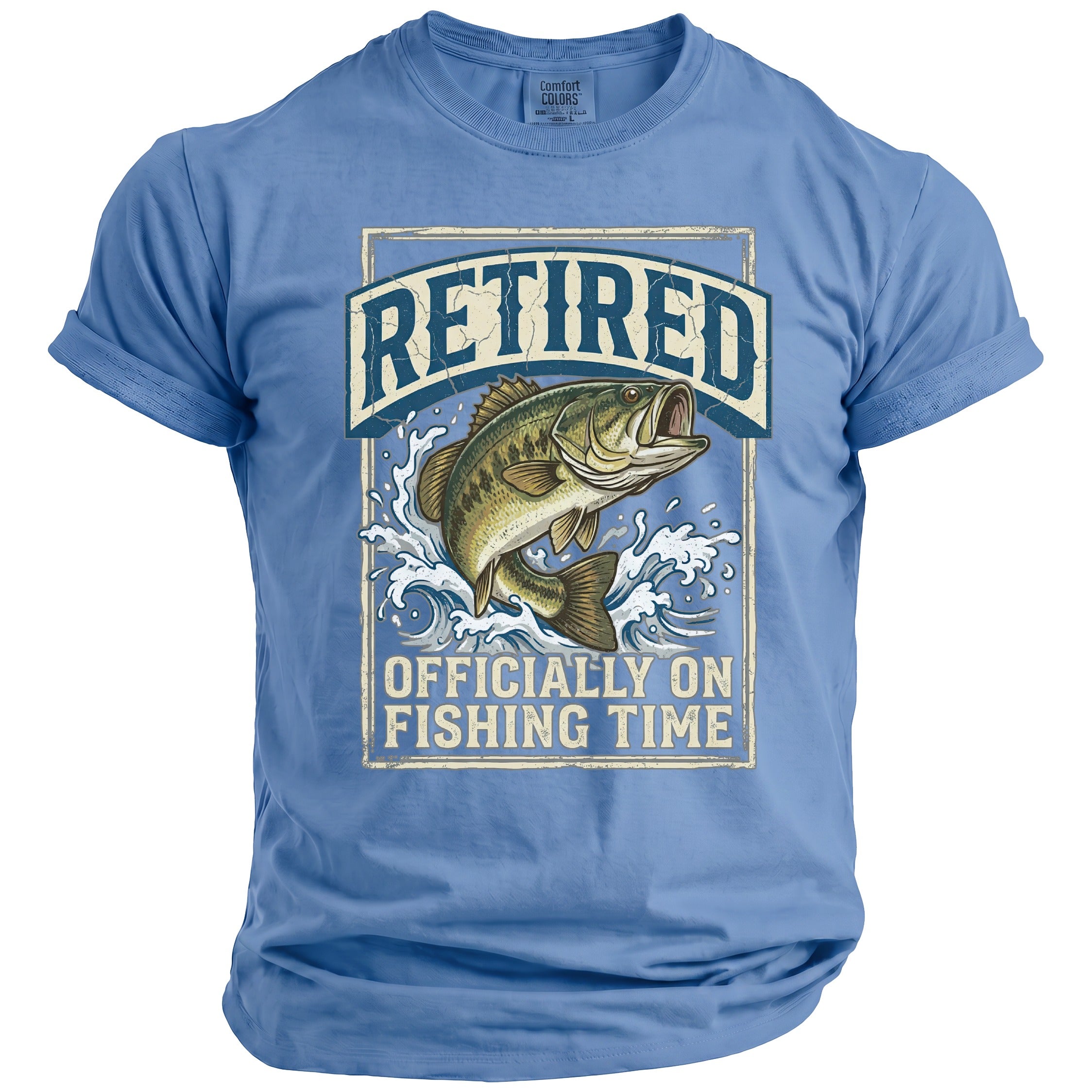 Blue t-shirt with a bass jumping from water, reading "RETIRED" and "OFFICIALLY ON FISHING TIME".